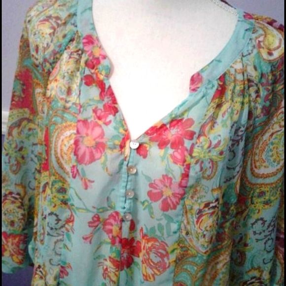 Anthropology Fig and Flower Aqua Mixed Floral Sheer Boho Top - Picture 2 of 7